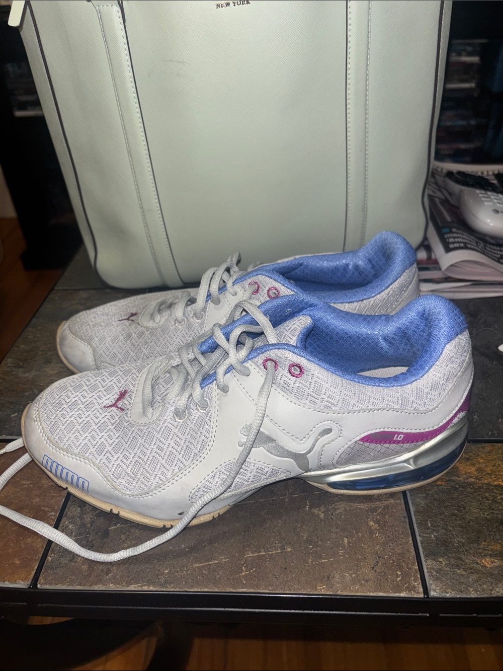 Puma Women's White Athletic Sneakers with Blue Liner and Pink Accents - Picture 1 of 8